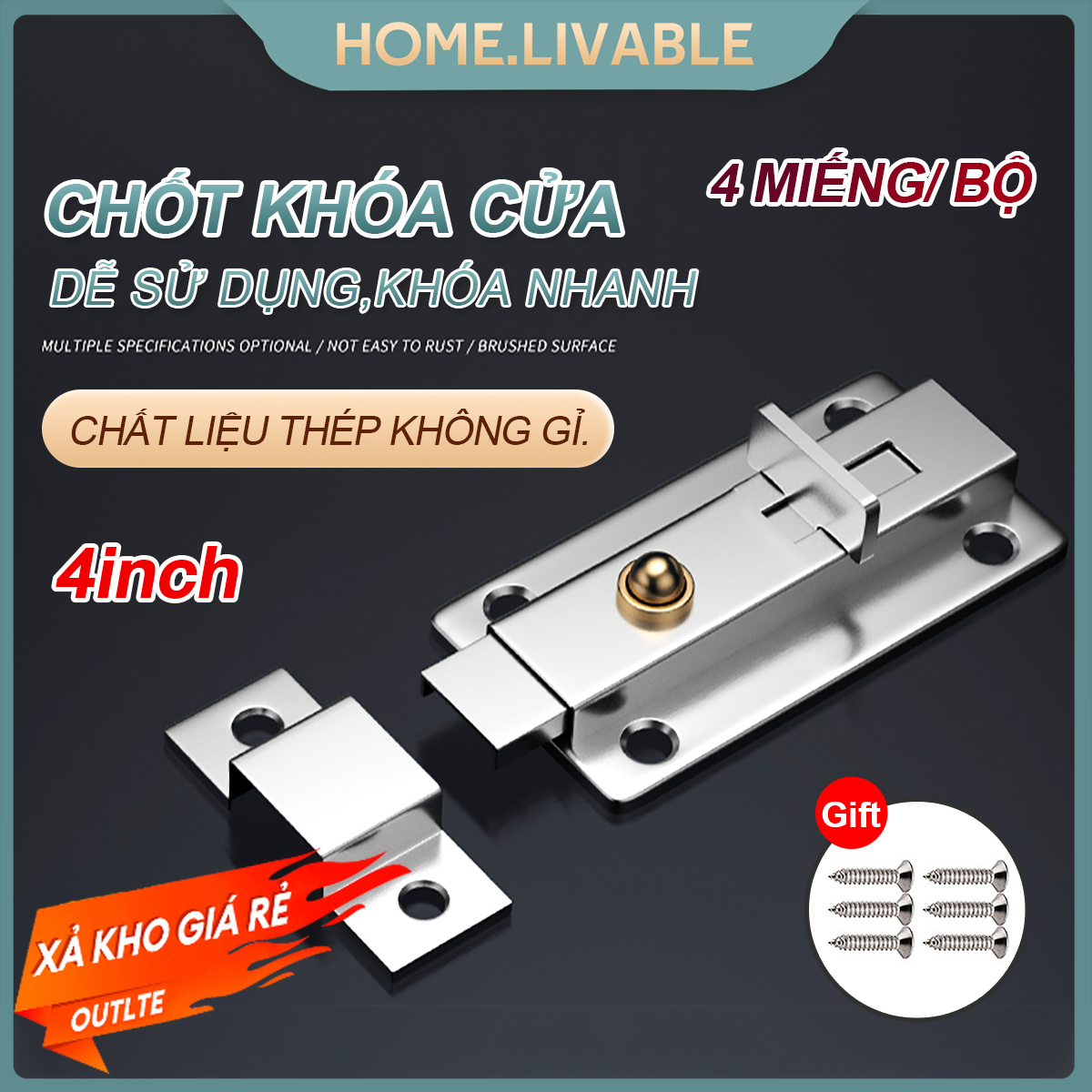 4 món / bộ. Chốt khóa cửa,then cửa bằng,4inch, thép không gỉ ,Bật Lại Tự Động Bằng