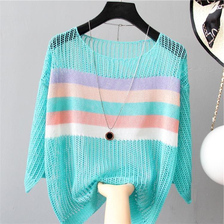 codWomen's Hollow Sweater Protect From the Sun Colorful Striped Wide Shirt Women's Sweater❒uu9