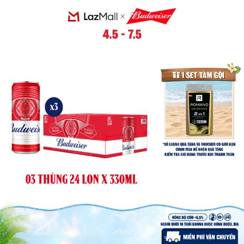 Combo 3 Thùng 24 Lon Bia Budweiser Sleek Can Chính Hãng (330ml/lon)