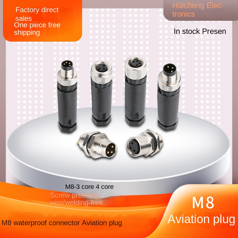 M8 Đầu cắm cong 3P (Đầu Nối 3), Kích Thước Lỗ 8MM| Chuẩn Chống Nước | tùy chọn Ổ Cắm + Đầu Cắm| Đầu Nối 3-4 Lõi
