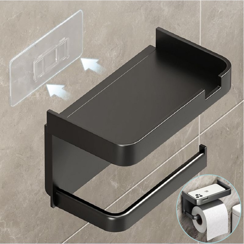 ABS nhà vệ sinh hộp đựng giấy vệ sinh màu đen không có khoan nhà bếp lưu trữ phụ kiện phòng tắm tự dính treo tường kệ đựng giấy Kệ di động
