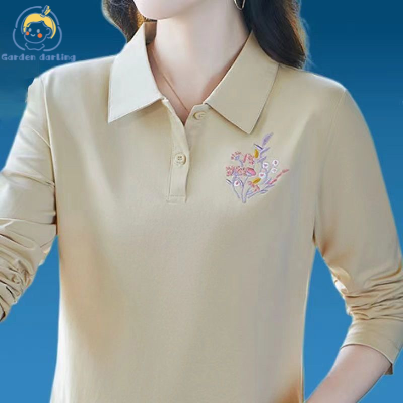 Áo sơ mi nữ polo dài tay gdd xuân thu thường ngày áo thêu vừa rộng