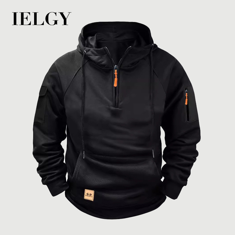IELGY Áo len nam mới Áo Hoodie Áo chui đầu nhiều túi có khóa kéo áo thường ngày thể thao