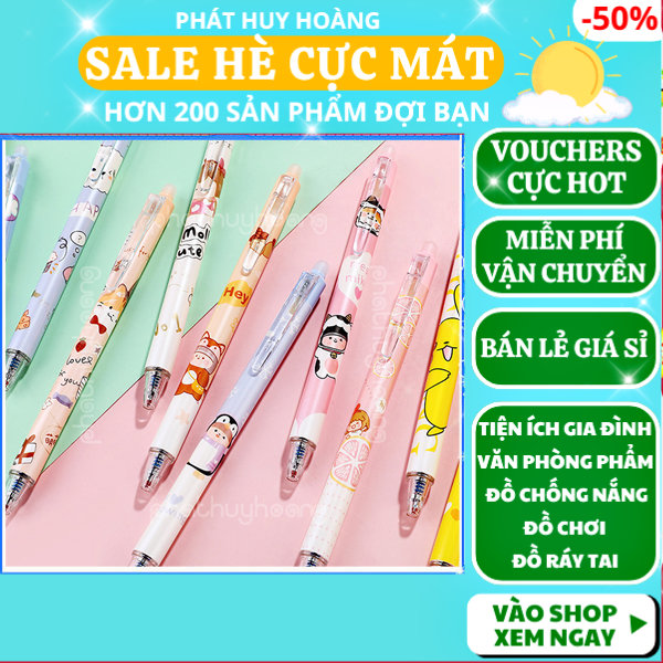 Bút bi bấm mực xanh / tím ngòi gel 0.5mm ( 1 cây ) in hình dễ thương , mực xóa được , Bút bi xanh / tím  mực đều khô nhanh , bút cute in hình dễ thương xóa được - Phát Huy Hoàng