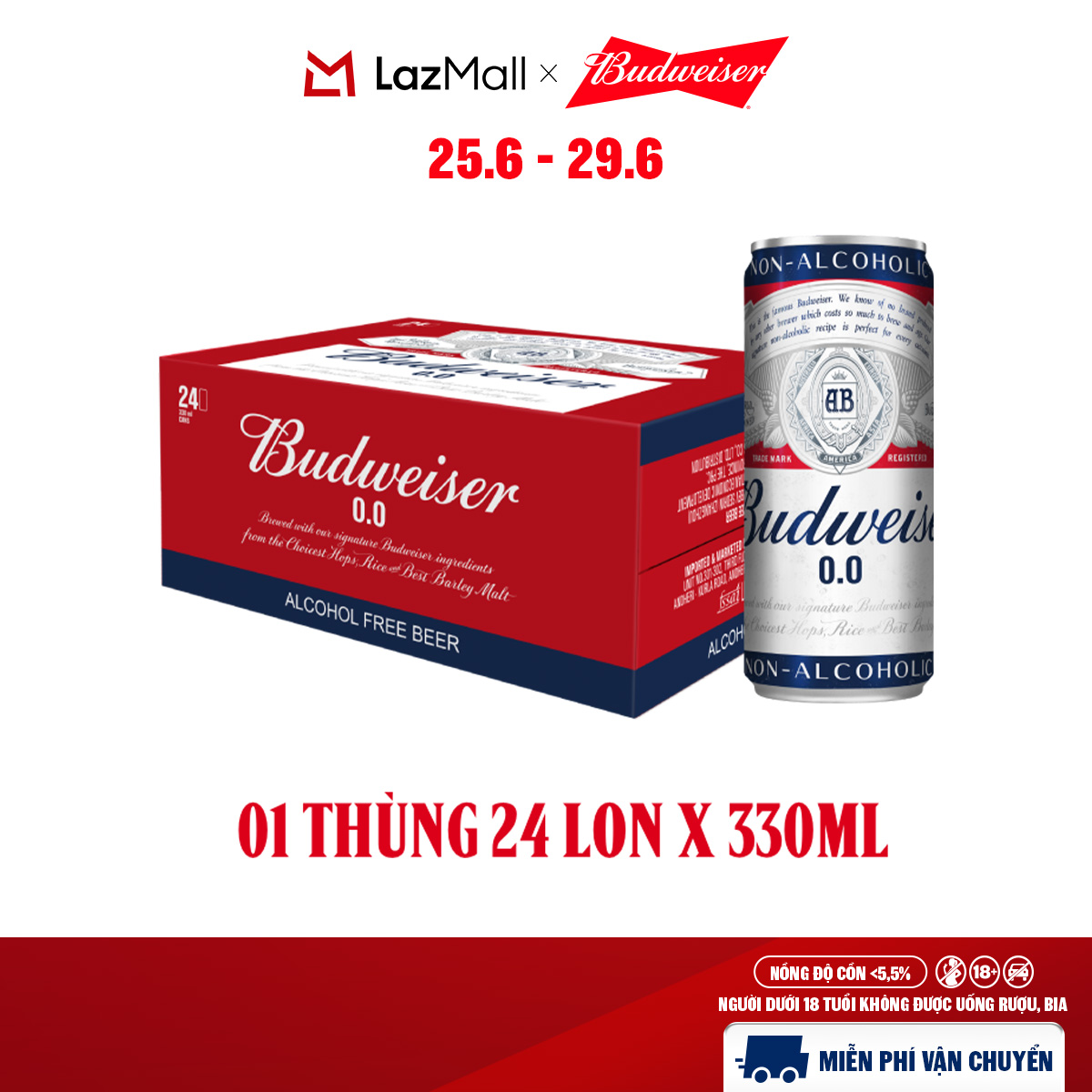 [MỚI] Thùng 24 Lon Bia Budweiser Không Độ Cồn Chính Hãng (330ml/ lon)