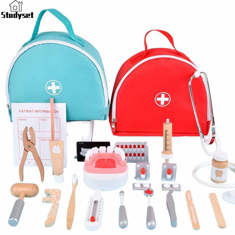 Studyset in stock Kids Doctor Pretend Play Kit With Storage Bag Wooden Syringe Stethoscope Toys For Boys Girls Birthday Xmas Gifts ราคา 455 บาท*ส่งฟรี