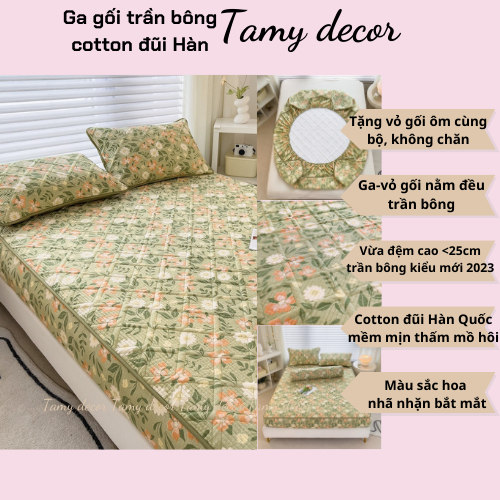 Bộ ga gối cotton đũi Hàn Quốc trần bông không có chăn Tamy Decor Tặng vỏ gối ôm đủ các size mát mẻ cho mùa hè