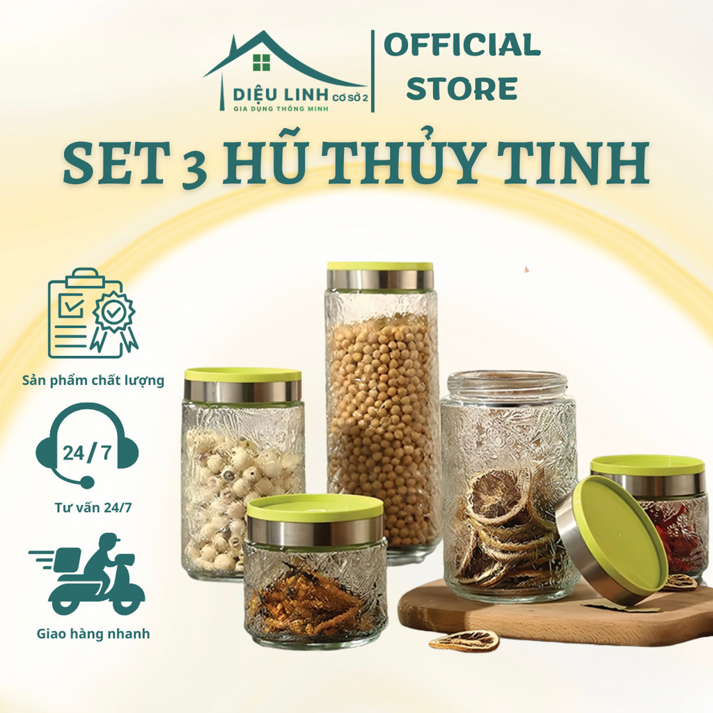 Combo 3 Hũ Thuỷ Tinh - Lọ Thuỷ Tinh Nắp Giả Nhựa Có Gai Vặn Kín Khí Đựng Đồ Khô - Diệu Linh Shop