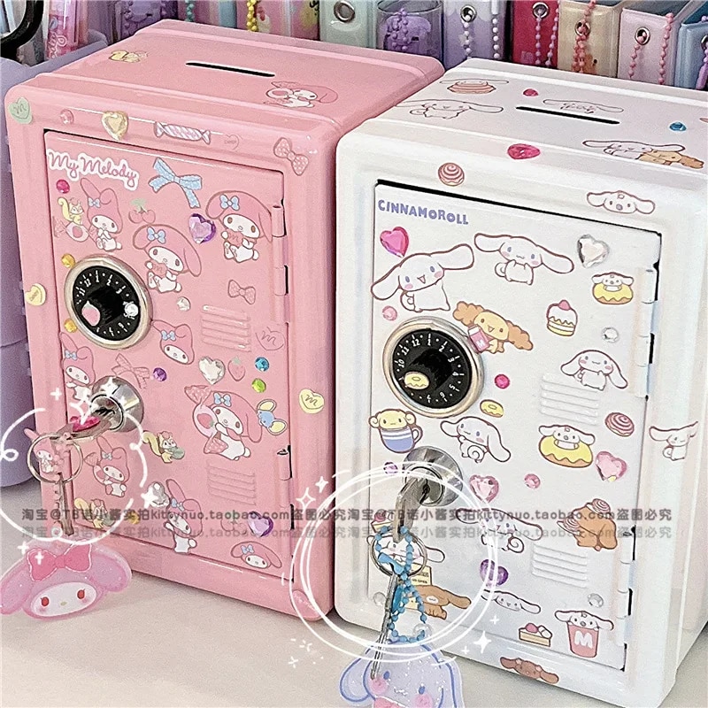Cute Kawaii My Melody Cinnamoroll Wrought Iron Safe Piggy Bank Anime Heart Cute Sticker Storage Key Cabinet Girl Gift