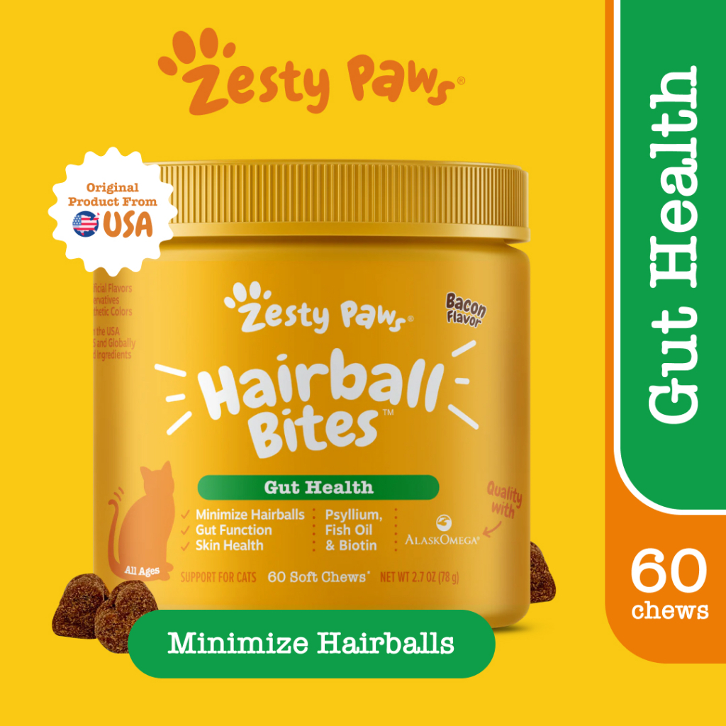 Zesty Paws Hairball Bites for Cats Gut Health [รสเบคอน] (แบบนุ่ม 60 เม็ด) (หมดอายุ:07 2026) ราคา 900 บาท*ส่งฟรี