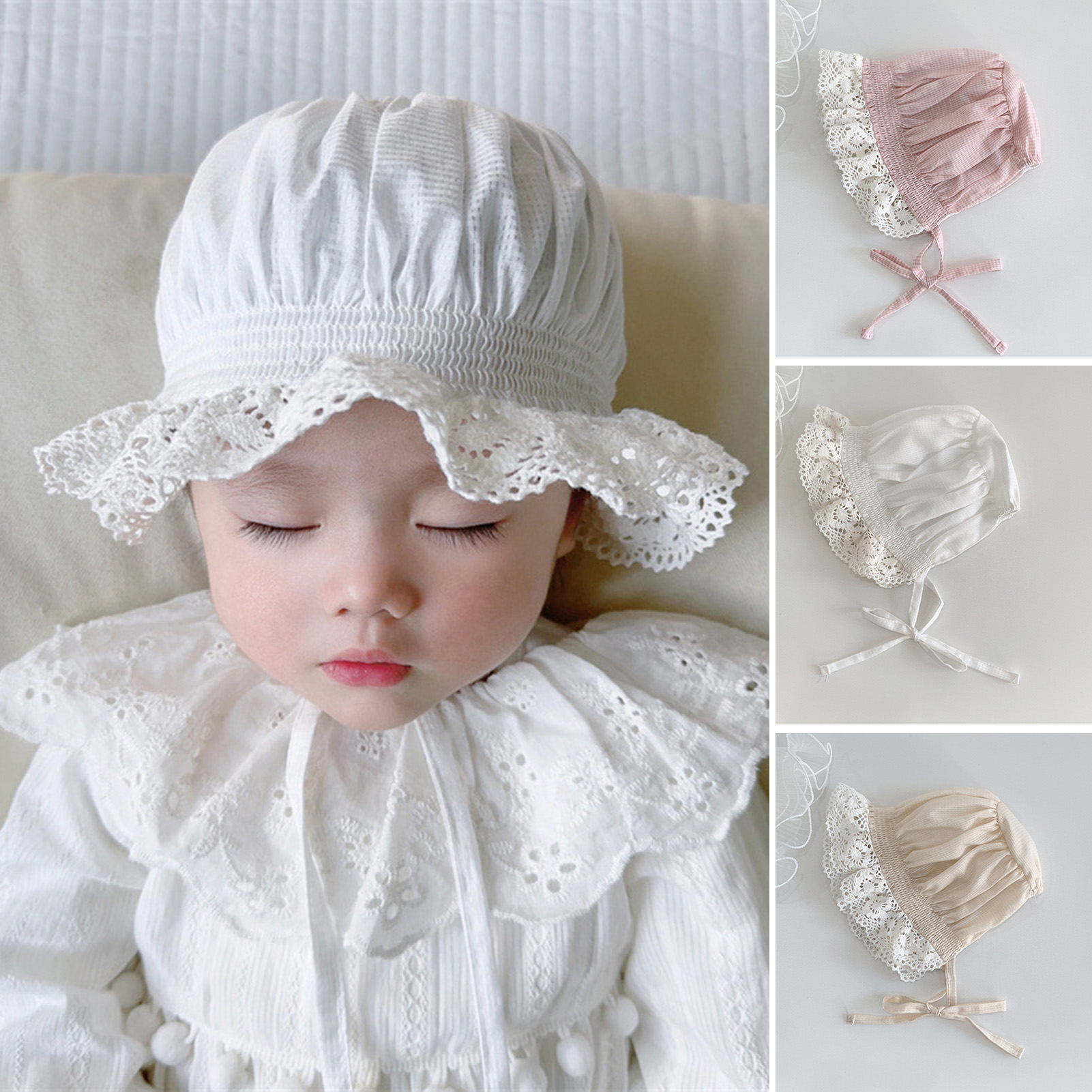 Newborn Baby Hat Lace Brim Rounded Top Solid Color Lace-up Beanie Hat Sun