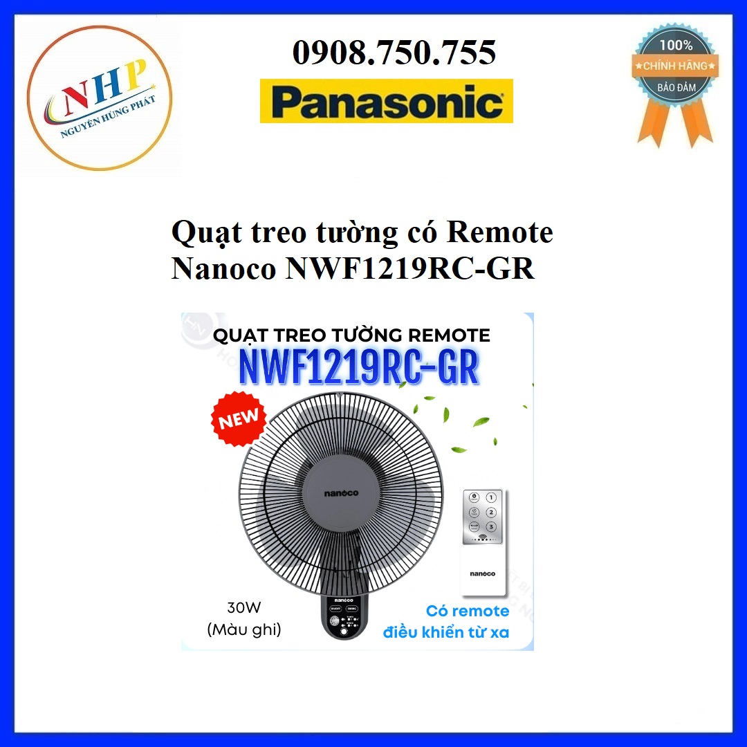 Quạt treo tường có Remote Nanoco NWF1219RC-GR