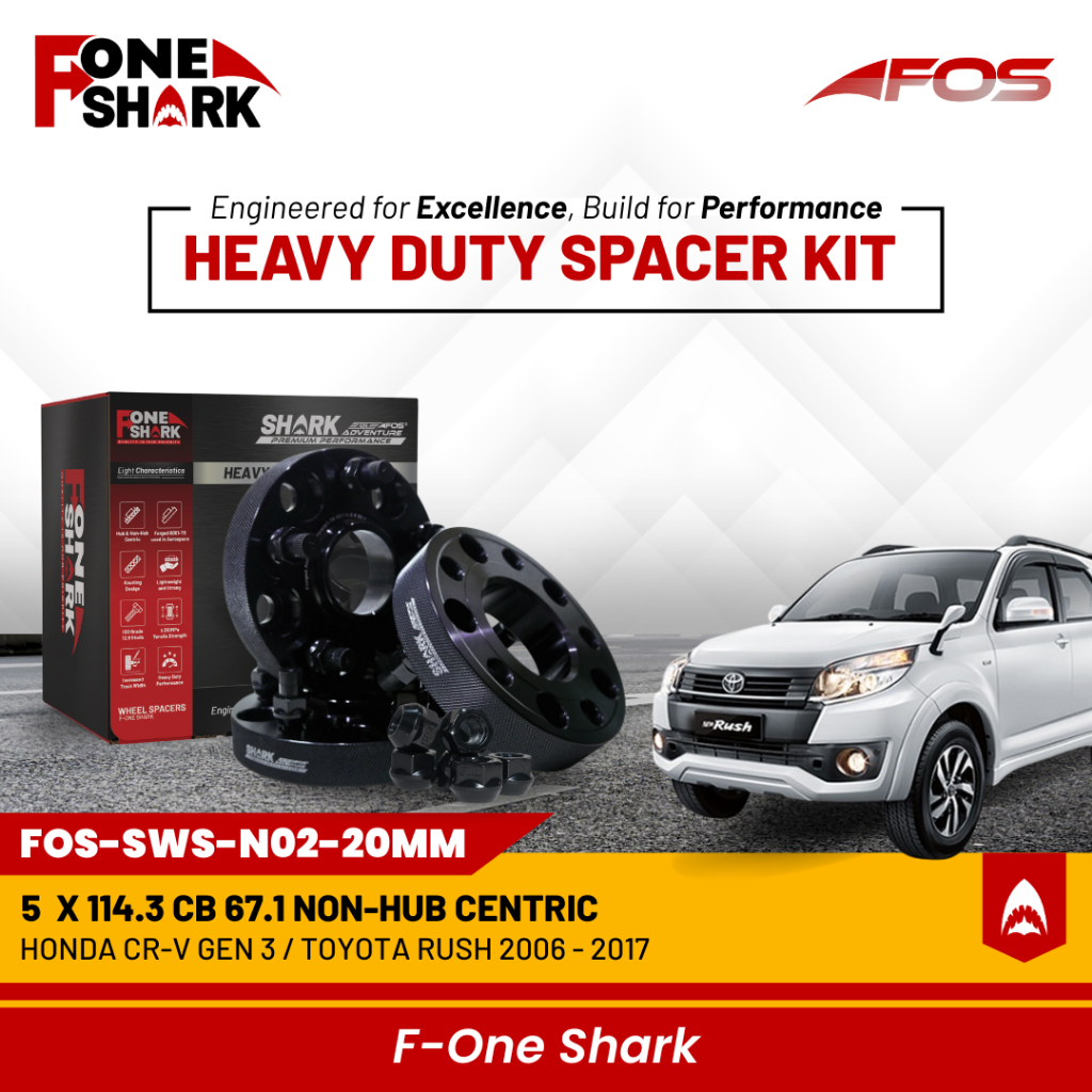 F-One Shark FOS Heavy Duty Wheel Spacer Adaptor Roda Velg Honda CRV CR-V Gen 3 / Toyota Rush 2006 - 2017 Forged Alumunium Alloy 6061-T6 PCD 5 x 114.3 x 67.1 Harga 1,200,000 rupiah*Gratis Ongkir