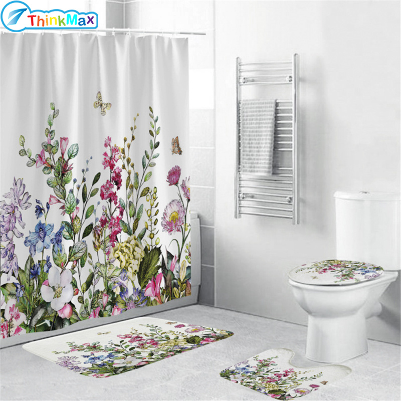 4Pcs/Set Shower Curtain 180*180cm Non-Slip Rug Toilet Lid Cover Bath Mat for Bathroom ราคา 575 บาท*ส่งฟรี