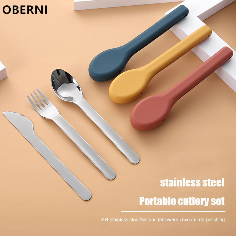 Oberni SUS304 Stainless Steel Set Peralatan Makan Portabel Travel Dengan Wadah Silikon