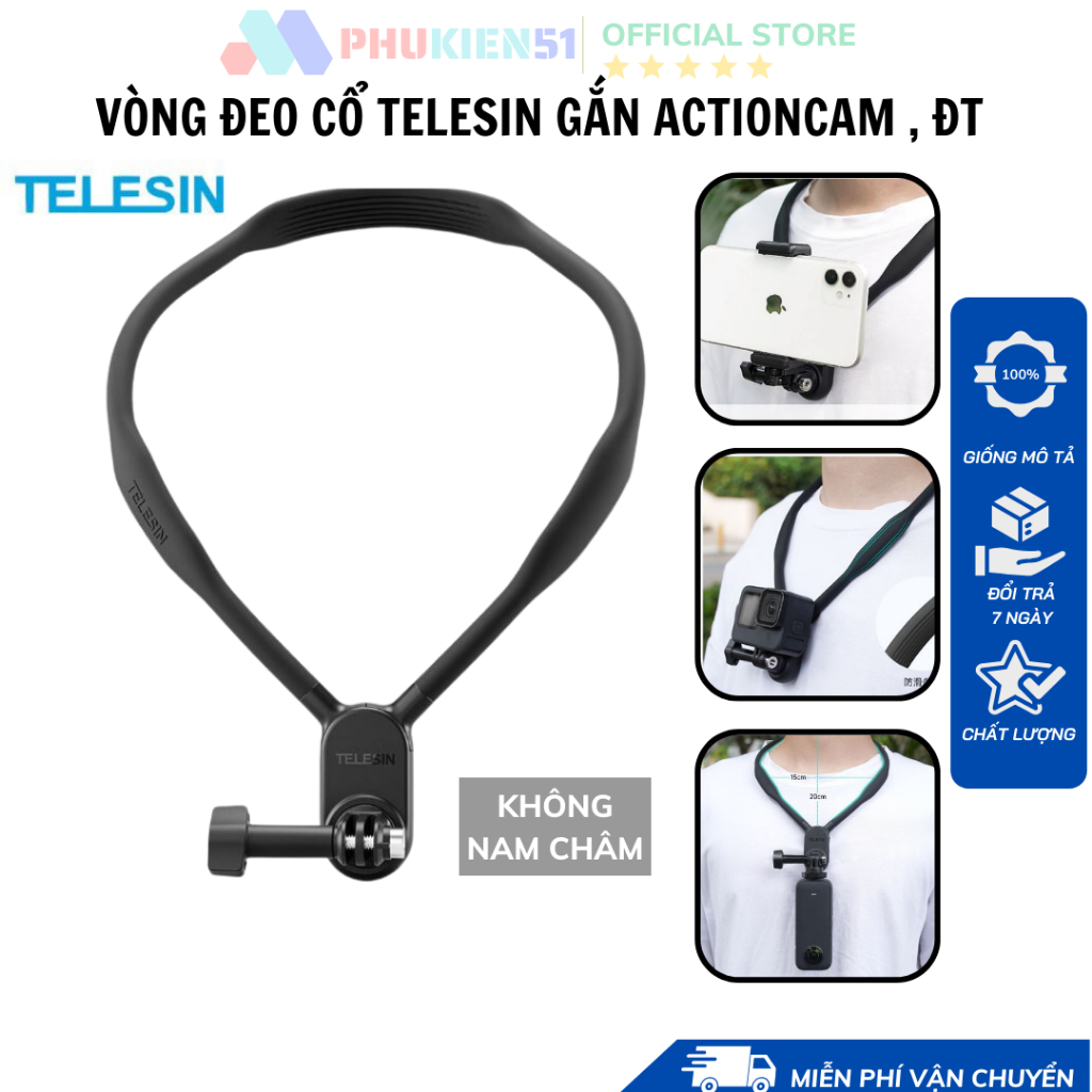 Vòng đeo cổ telesin se gắn điện thoại , gopro, action cam - cao su mềm mại