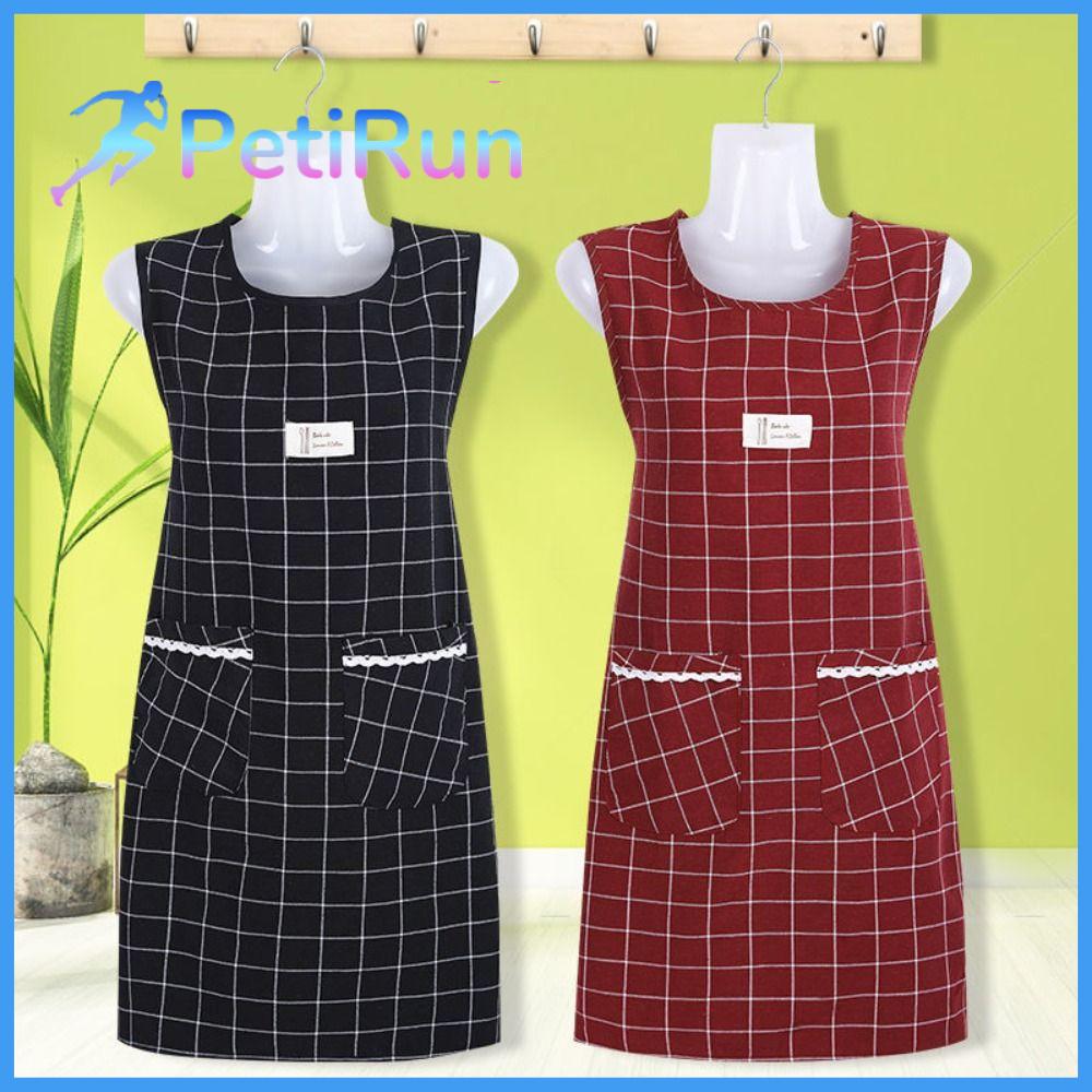PETIRUN Túi lớn Tạp dề không tay cho phụ nữ Chống dầu Quần yếm cotton Tạp dề không tay Hộ gia đình Kẻ sọc Tạp Dề Đầu Bếp Nấu ăn tại nhà