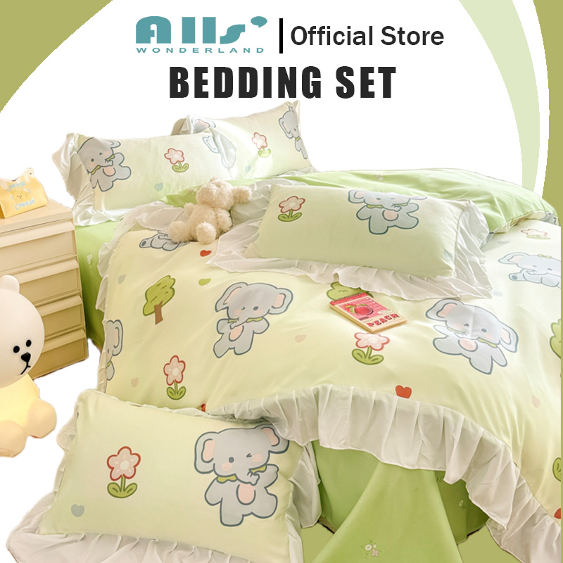 Alls' Wonderland Cute Cartoon Bedskirt Set With Lace Washed Cotton 4 in 1 Bedding Set Bedskirt Duvet Cover Set ราคา 997 บาท*ส่งฟรี
