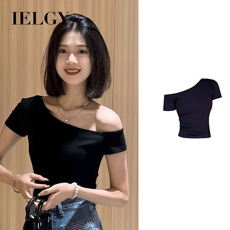 IELGY Women's tight fitting short sleeved T-shirt with sloping shoulders ราคา 135 บาท*ส่งฟรี