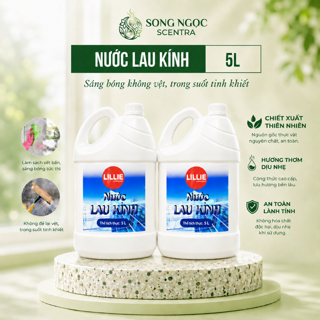 Nước lau kính LILLIE by Caroline sắc biển 5 Lít - Làm sạch không vệt sọc, khử mùi (SIÊU TIẾT KIỆM)