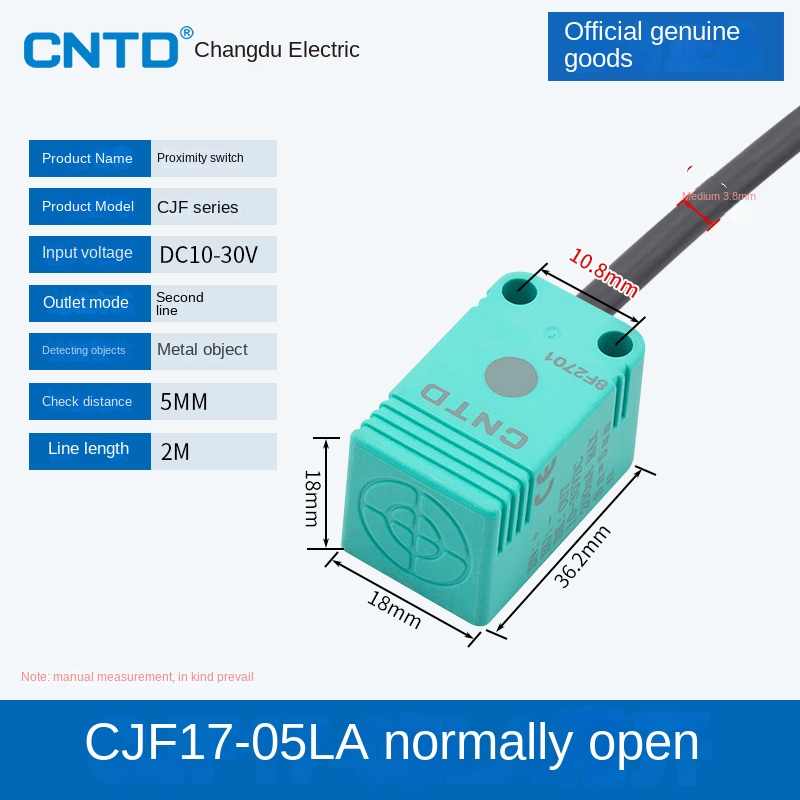 Cảm Biến Tiệm Cận CJF17-05LA CNTD | Tùy Chọn CJF18-05NA/NB/PA/PB/LA - NPN/PNP, 3 Dây DC, Phát Hiện Kim Loại 5-15mm Cho Tự Động Hóa