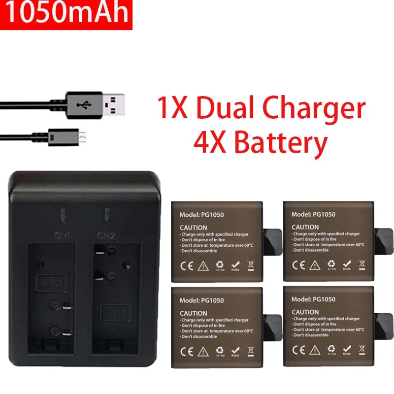 【Popular choice】 4pcs 3.7v 1050mah Pg1050 Action Camera Dual Charger For H9 H9r H3 H3r H8pro H8r Sj4000 Sj5000 M10