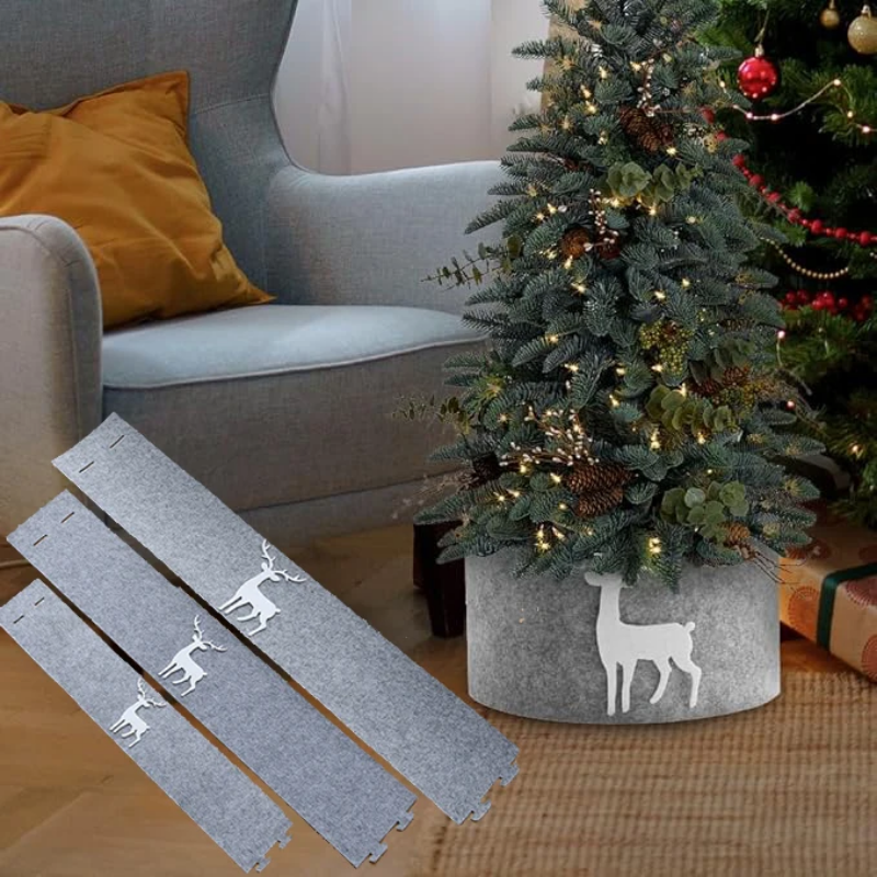 【AT】 Grey Christmas Tree Collar Skirt Reindeer Xmas Tree Collar Basket Ring Xmas Tree Base Stand Cover Mat Farmhouse Holiday Ornament