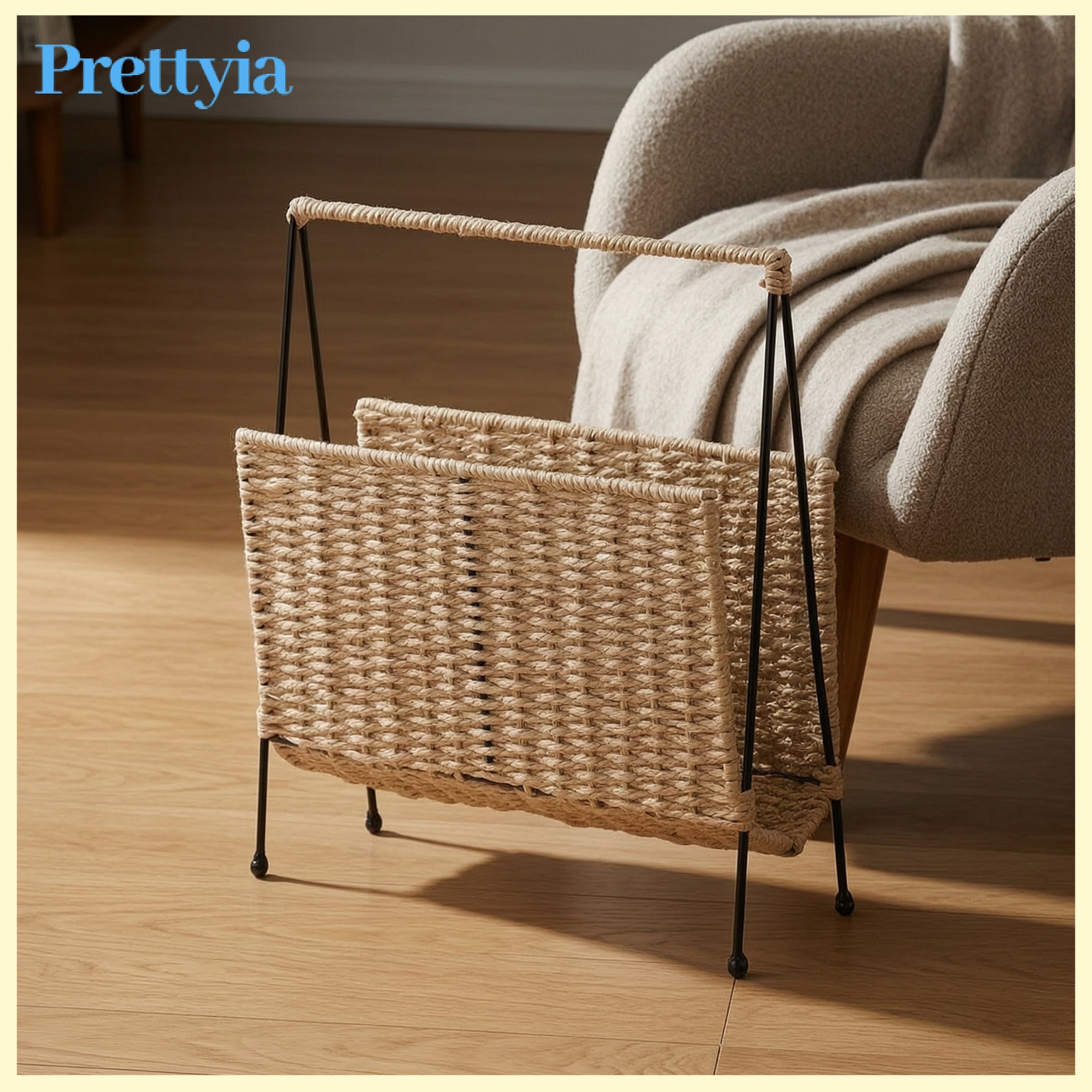 Prettyia Handwoven Woven Paper Rope Basket Slim Rectangular Basket with Metal Frame Compact Magazine Holder Lightweight for Reading Corner