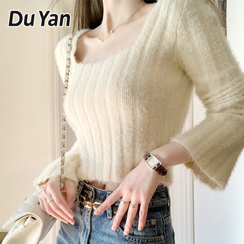 Du YAN phong cách Hàn Quốc Áo sơ mi dài tay cổ áo vuông màu trơn đáy Áo Thun Có áo trong