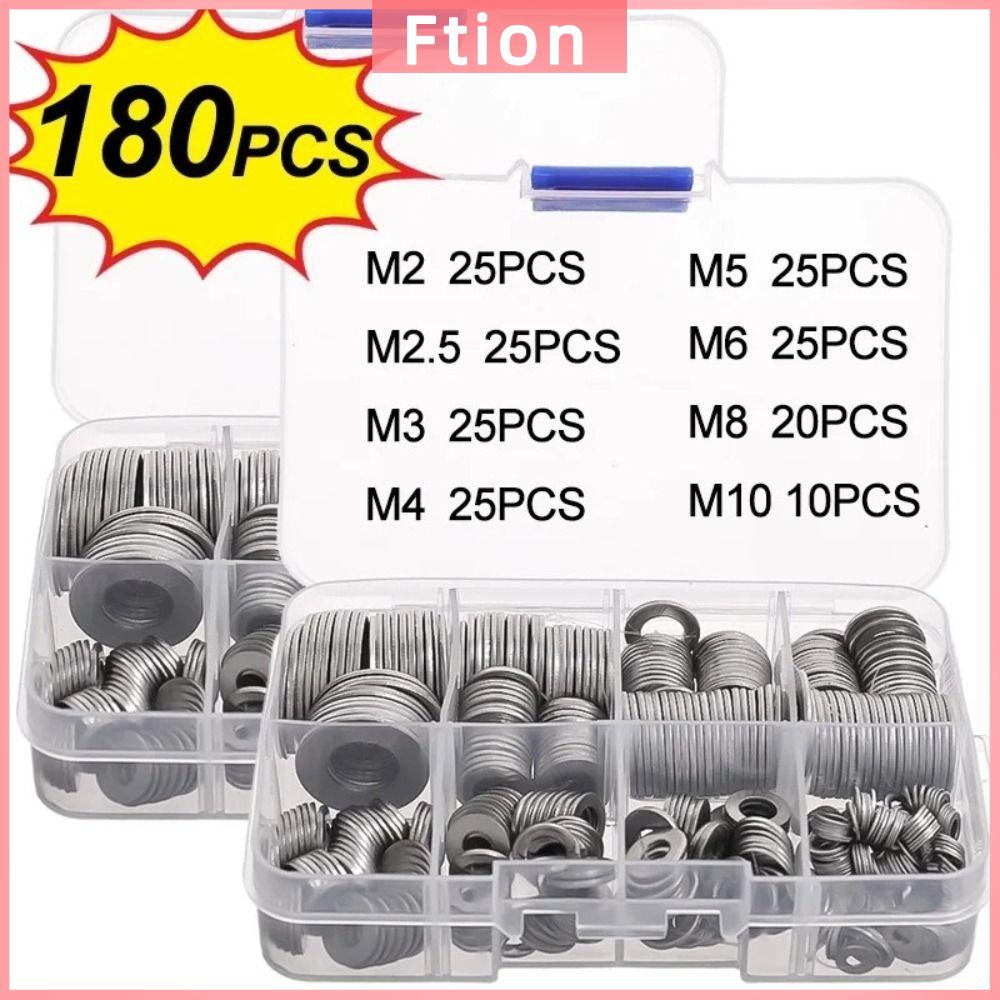 FTION 180Pcs/Box Thép không gỉ Vòng Đệm Phẳng M2-M10 Nhiều kích cỡ Vòng đệm vít Bền Ốc vít
