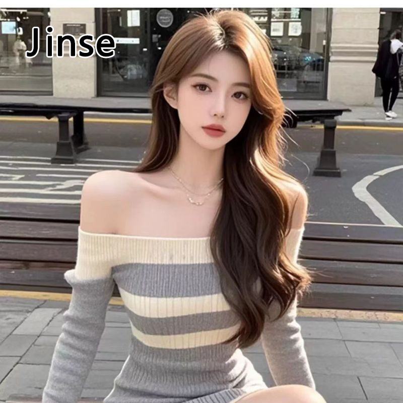Jinse Pure Desire Style off-Shoulder Knitted Dress Women's Gentle Waist Slimming Sheath Skirt