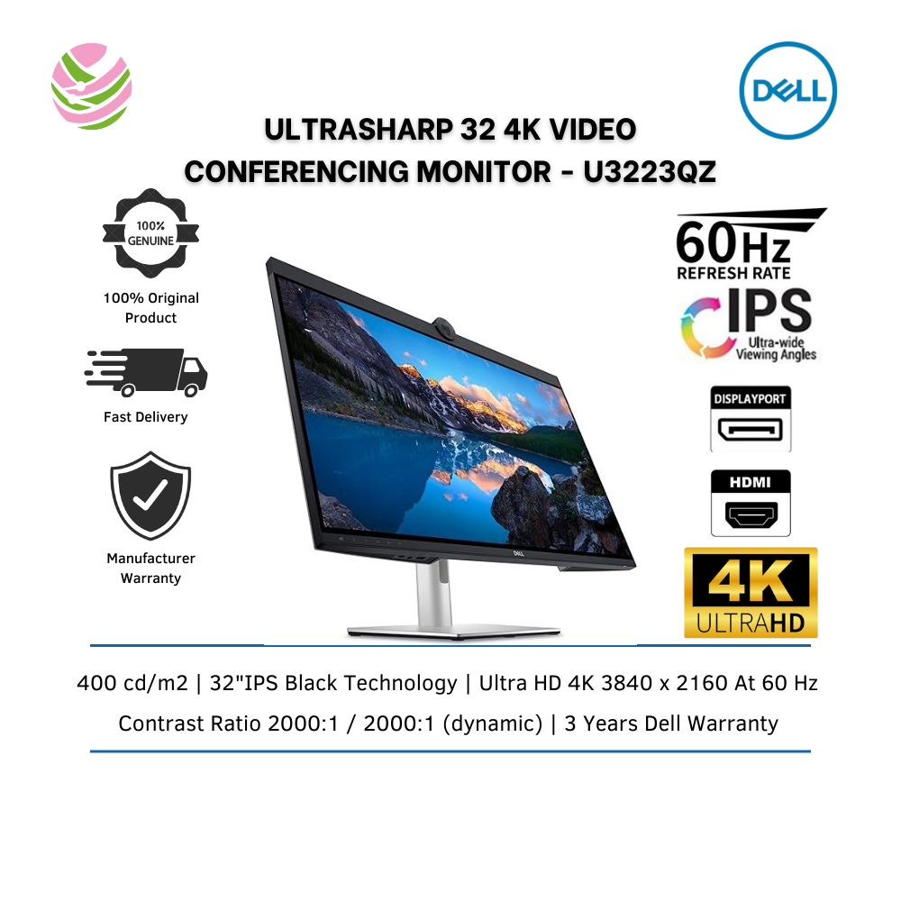 Dell U3223QZ UltraSharp 32" 4K UHD 3840 x 2160 Video Conferencing IPS Monitor with Webcam, Speakers &amp; Microphone
