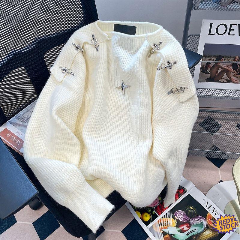Chất lượng cao áo len gile nam form rộng French Design Sense Niche Open Shoulder Thiết Kế Hở Vai Kiểu Pháp Cho Nữ &#Áo Sweater Thu Đông Họa Tiết Sữa Đậu Nành Xinh Xắn 39; s 39; s1115