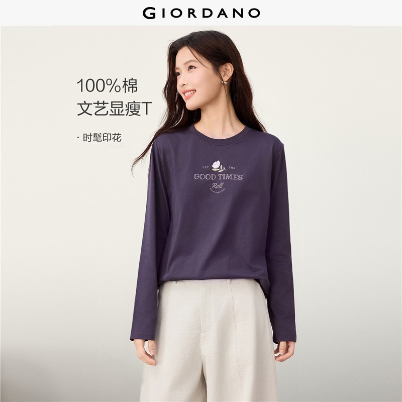 GIORDANO Women T-Shirts 100% Cotton Floral Themed Print Tee Crewneck Long Sleeve Fashionable Casual T-Shirts 13396790