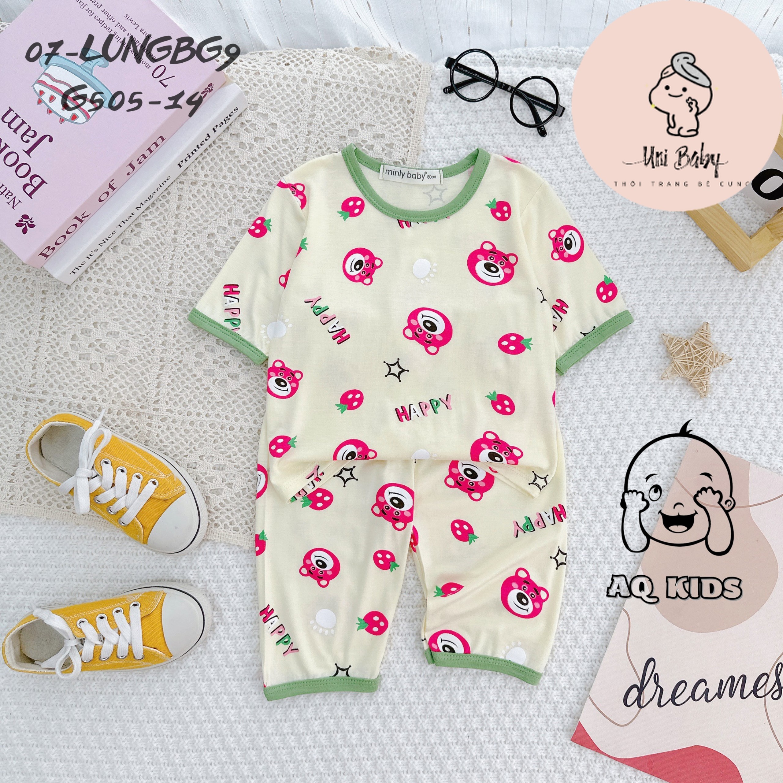 Quần áo trẻ em Bộ thun lạnh bé gái size đại quần lửng + áo tay lỡ bé gái họa tiết Gấu Dâu Lotso Hottrend 2023, hàng chính hãng Minlybaby - Unibaby - G505