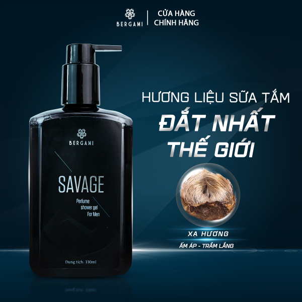 Sữa tắm nam Bergami Savage, sữa tắm nước hoa nam mùi GỖ SỒI sạch sâu, dưỡng da tự tin thể hiện bản lĩnh 330ml giá rẻ