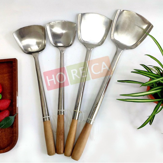 Sạn thợ xào inox cán gỗ dài 46/51/52cm - φ11.5/12.5/13.5cm, dùng để xào nấu món á