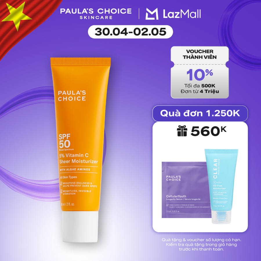 Kem chống nắng dưỡng ẩm giúp làm sáng và đều màu da SPF 50 Paula's Choice 5% Vitamin C 60ml - 1360