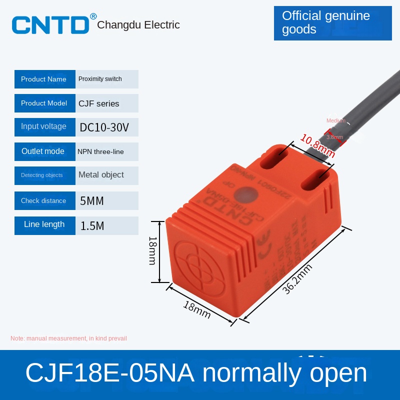 Cảm Biến Tiệm Cận CJF18E-05NA CNTD | Tùy Chọn CJF17E-05NA/NB/PA/PB/LA - PNP, 3 Dây DC, Phát Hiện Kim Loại 5-15mm, Bảo Vệ Sóng Xung