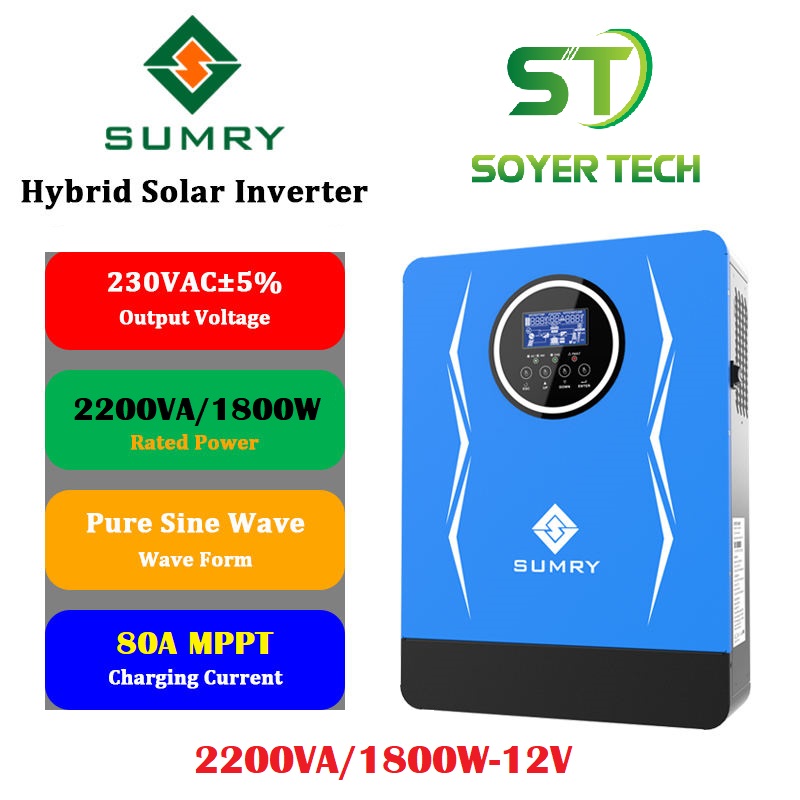 SUMRY Hybrid Inverter 1.8KW 12V AC220-240V 80A MPPT PV 55V-450V- Biến tần năng lượng sóng sin chuẩn 