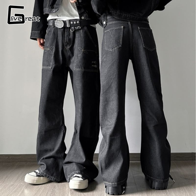 Phong cách Mỹ đảo ngược quần denim người đàn ông eo cao Quần Legging rộng vừa rộng thẳng giảm dần quần dài thời trang mùa hè thường ngày