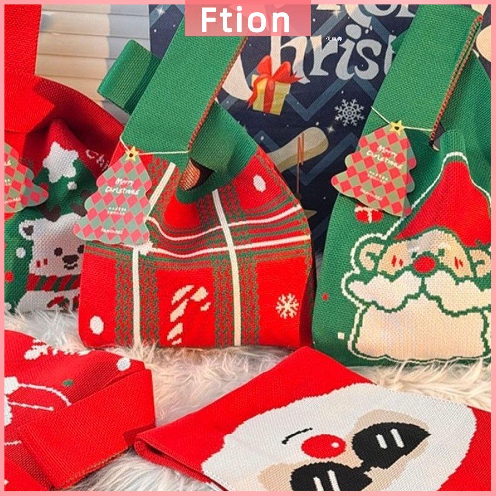 FTION Người tuyết ông già Noel Túi đan Giáng sinh Cây Giáng Sinh Có thể tái sử dụng Túi xách nữ Di động Túi đeo tay có nút thắt