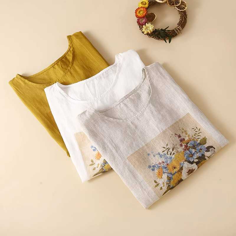 Mùa hè kích thước lớn lỏng lẻo cotton và vải lanh ngắn tay áo thun mới của phụ nữ văn học retro in áo sơ mi mỏng giản dị hàng đầu 11.11