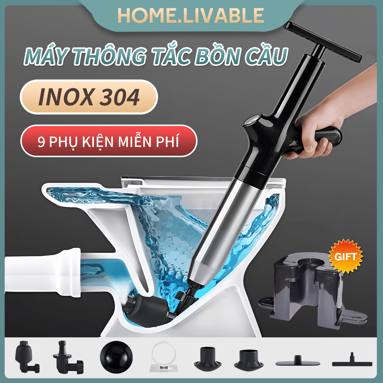 304inox Súng thông bồn cầu Chậu Rửa Bát Bồn Tắm Dụng cụ thông bồn cầu Áp Lực 8kg Dụng Cụ Thông Tắc-9 phụ kiện miễn phí