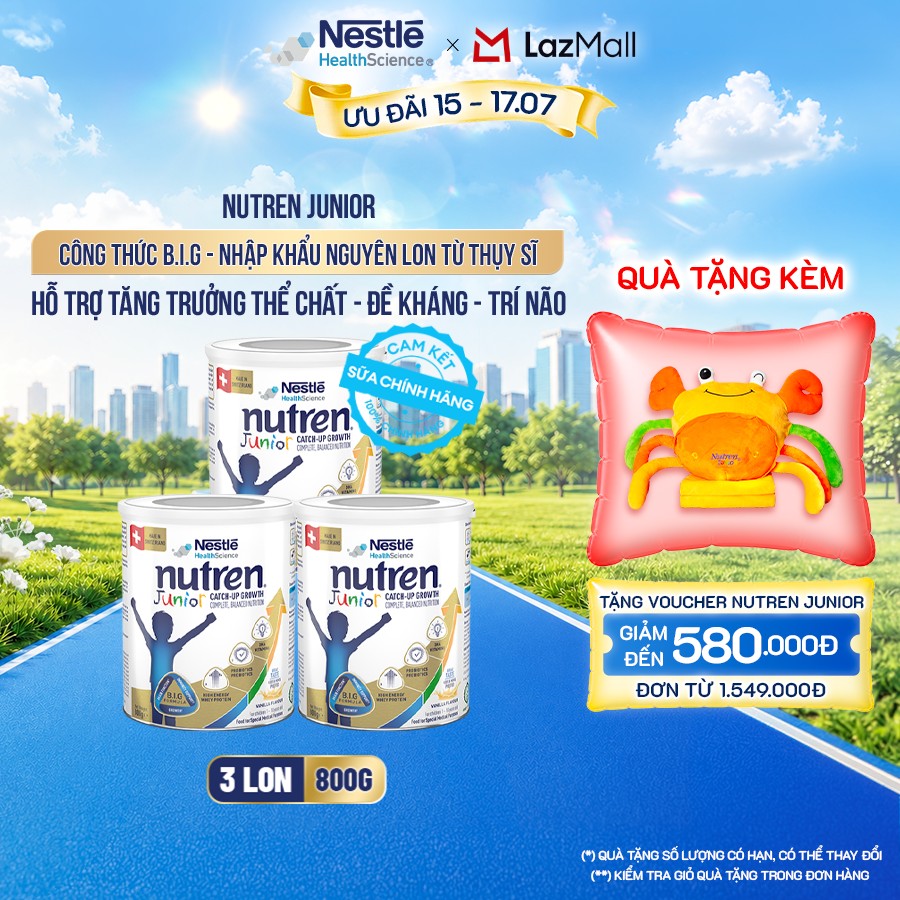 Bộ 3 Sữa Bột Dinh Dưỡng Y Học NESTLÉ NUTREN JUNIOR Xuất Xứ Thụy Sĩ Công Thức BIG Hỗ Trợ Tăng Trưởng Thể Chất,Trí Não,Đề Kháng Cho Bé 800G