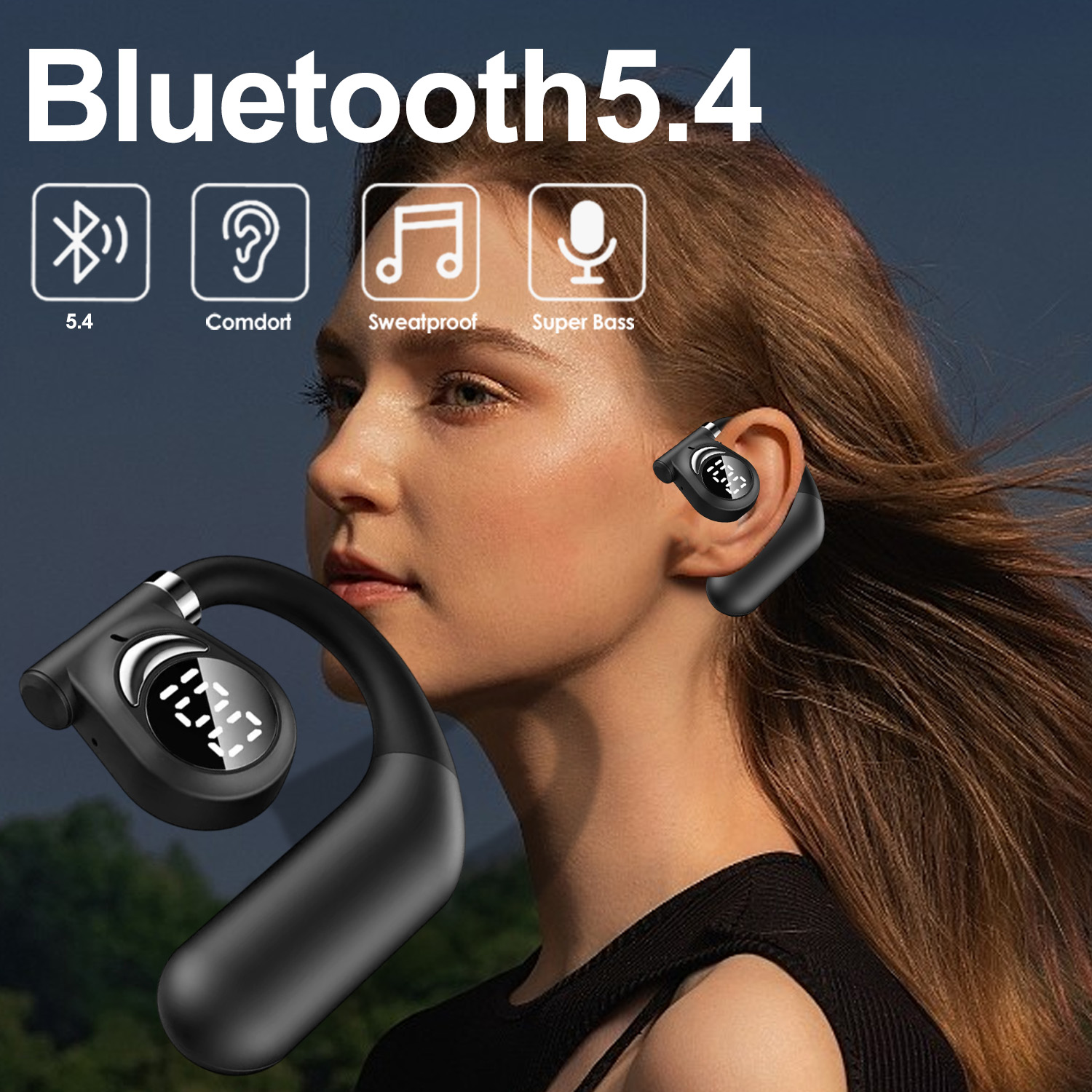 2 cái Bluetooth 5.4 Tai nghe Màn hình hiển thị kỹ thuật số treo tai Tai nghe không dây Microphone dẫn truyền âm thanh qua xương tai nghe rảnh tay tiếng ồn hủy bỏ lái xe tai nghe