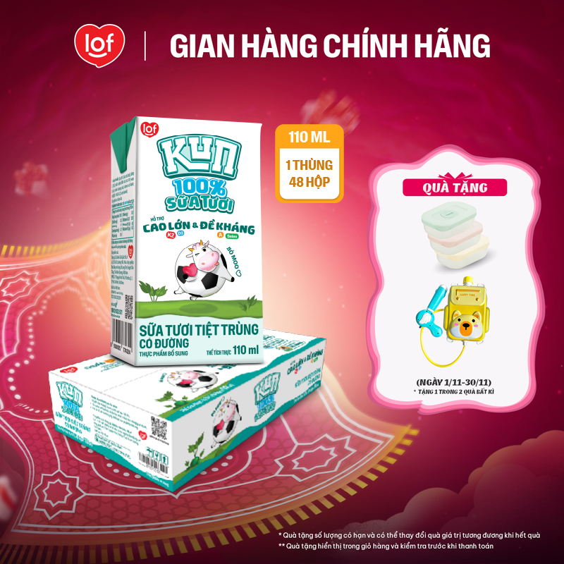 100% sữa tươi KUN có đường thùng 48 hộp x 110ml