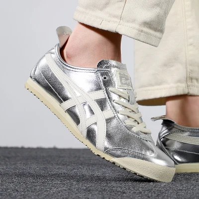 2021 Onitsuka Women's Leather Sneakers Mexico 66 Men's Running Shoes Unisex Casual Sports Walking Jogging Tiger Shoes Silver/Gold