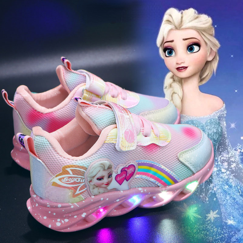 Size21-27 kids girl shoes Elsa Led kasut frozen budak perempuan Pink