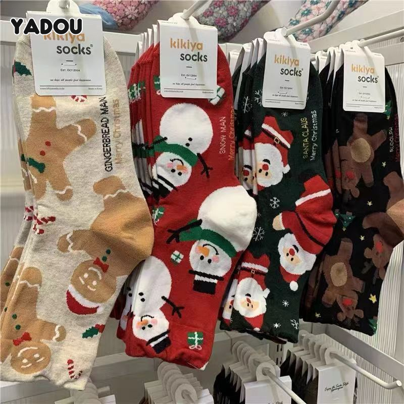 Yadou vớ người tuyết Giáng sinh dễ thương thiết kế hoạt hình cotton ấm giữa bắp chân cho nữ